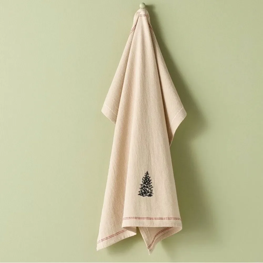 Hearth & Hand Embroidered Tree Design with Red stitched edging Kitchen Towel